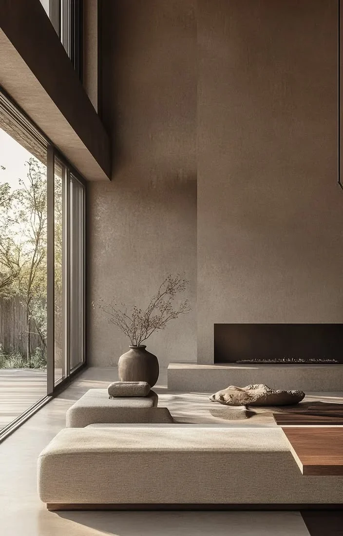 Salon contemporain aux murs taupe baigné de lumière